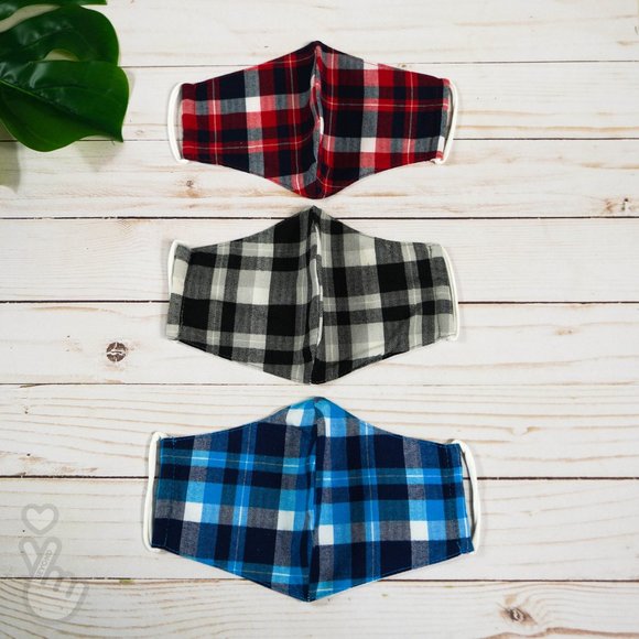 3 PACK MEN FACE MASKS PLAID 100% COTTON FACE MASK - Picture 2 of 2